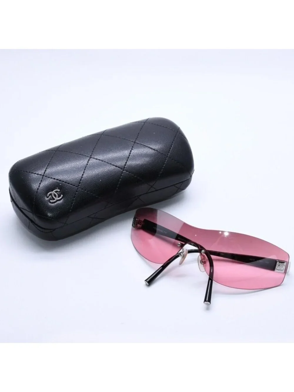 Chanel Rimless Shield Sunglasses Eyewear 120 CC Logo Pink Black